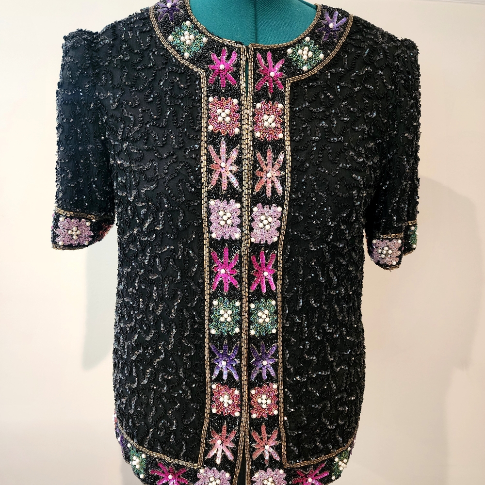 Vintage Laurence Kazar NY Embellished Sequin Beaded Black Jacket Top Large Silk - Picture 2 of 9